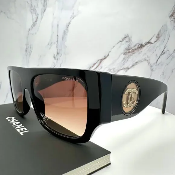 CHANEL Sunglasses Black Square Shield Gold CC Gradient Brown Lens